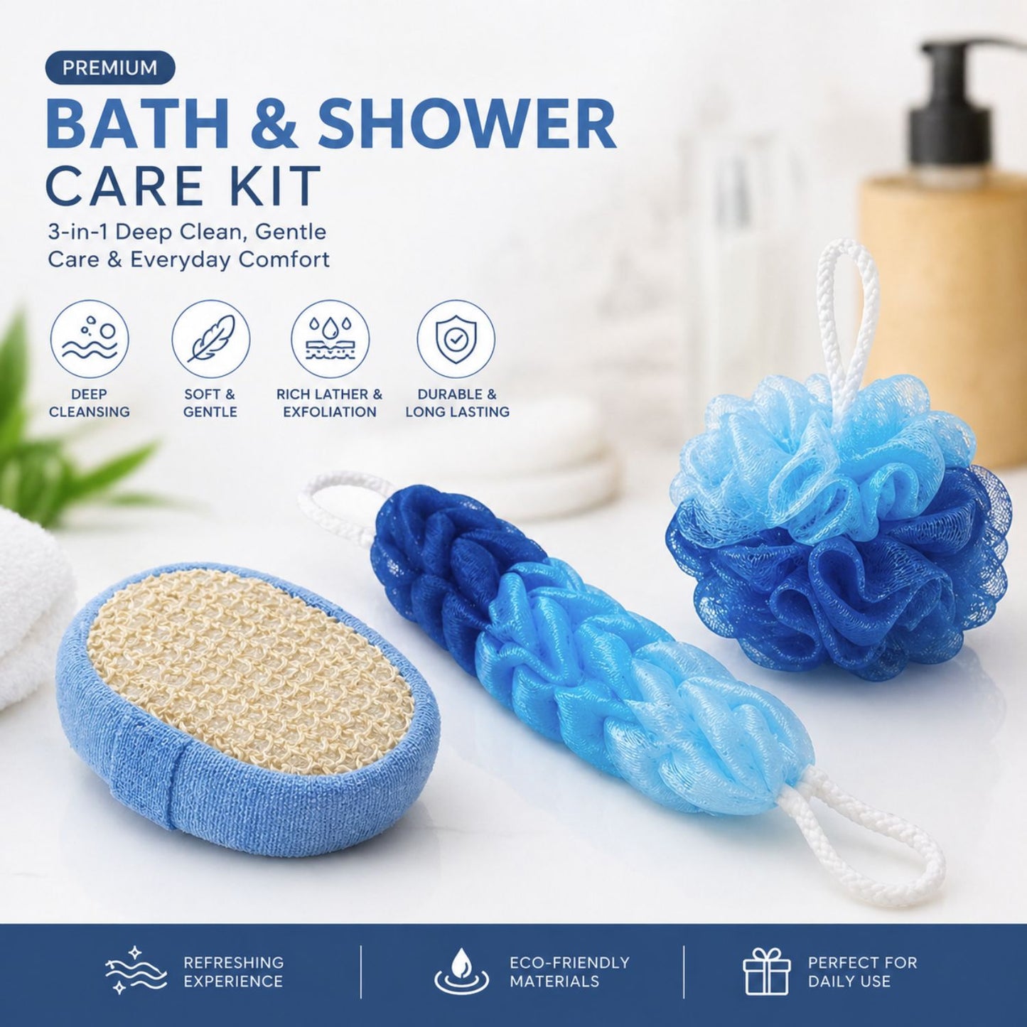 Bath Sponge Scrubber, Exfoliator & Loofah Set (Blue)