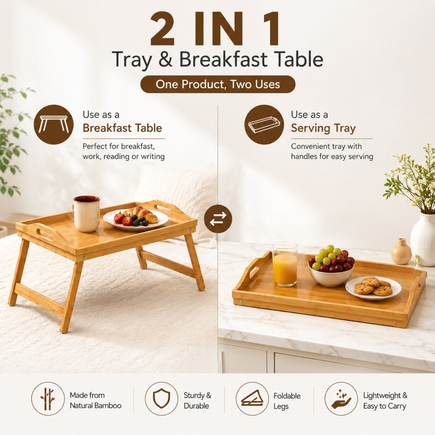 2 in 1 Bamboo Serving Tray Table
