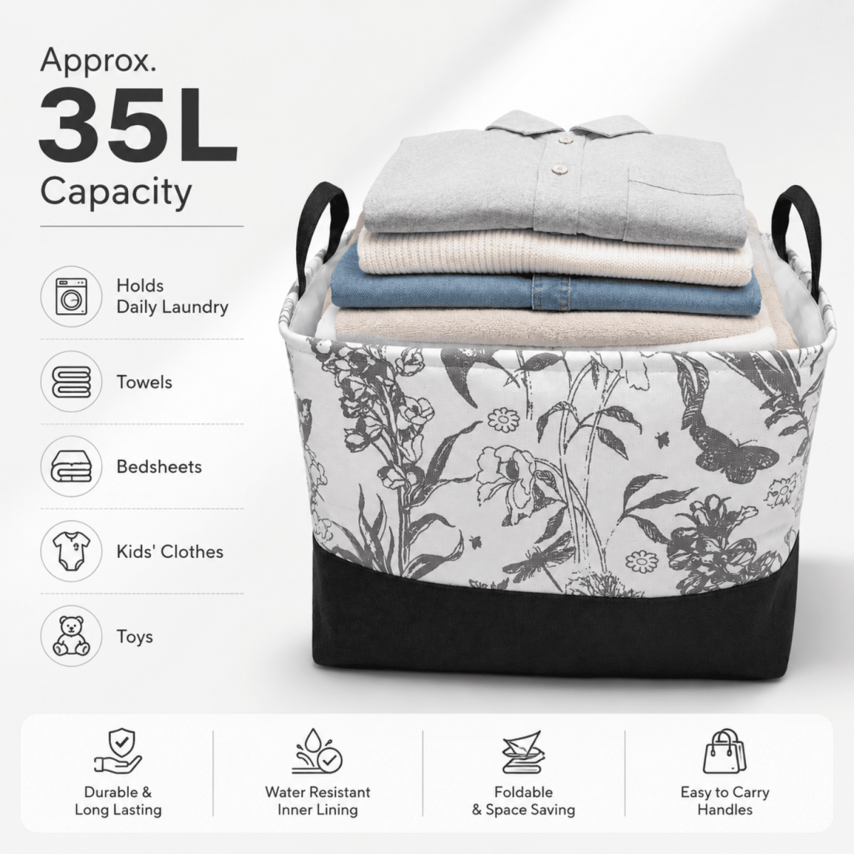 35L Foldable Laundry Basket with Handles – Floral Print, Water-Resistant Inner Lining Laundry Bag- #Royalkart#3in1 laundry bag
