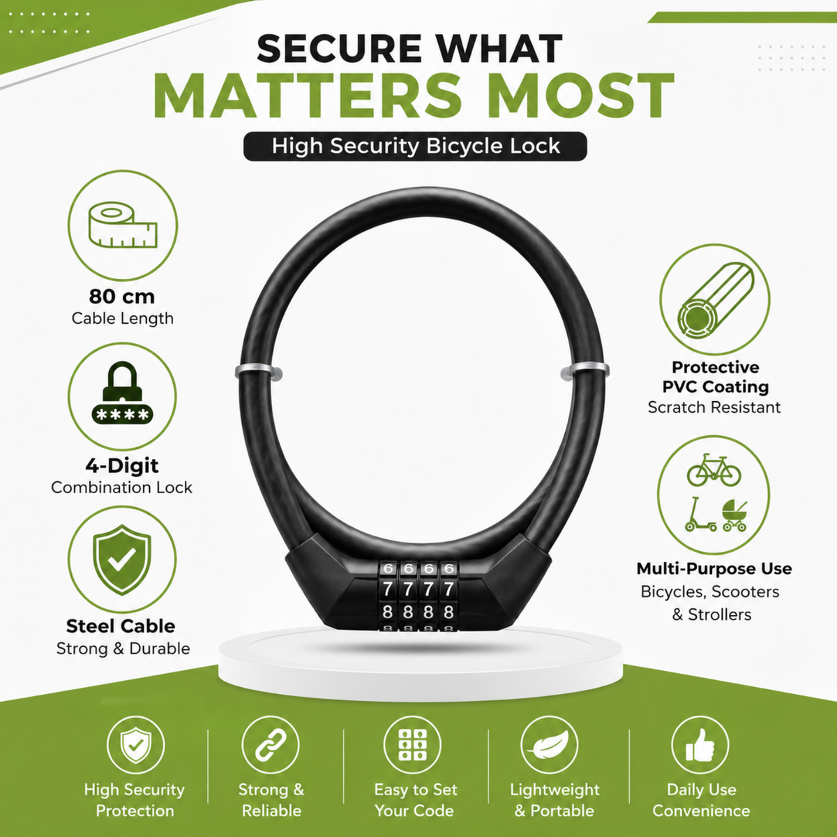 Bicycle Lock 80 CM, 4-Digit Combination Cable Lock for Cycle, Bike, Scooter & Stroller, Steel Cable with PVC Protective Coating, Resettable Anti-Theft Lock, Black