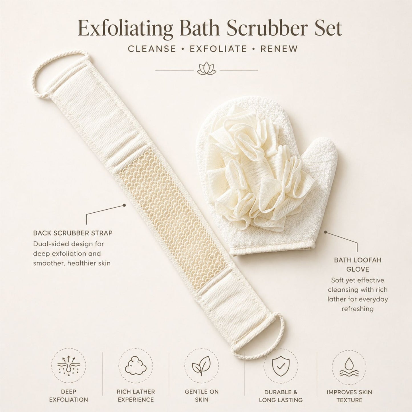 Bath Loofah with Back Scrubber (Cream)