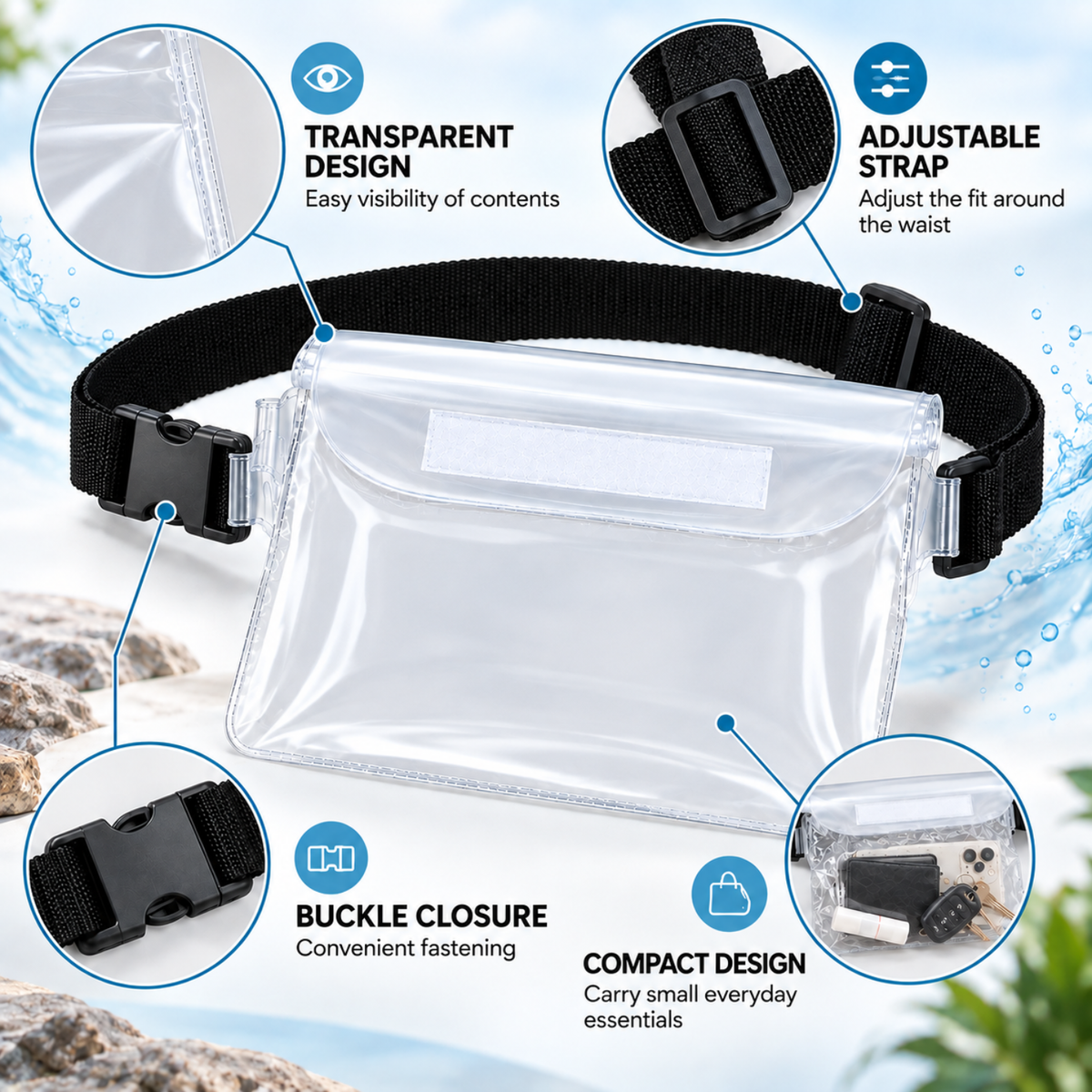 Waterproof Phone Pouch Transparent Mini Dry Bag with Triple Zipper (White)