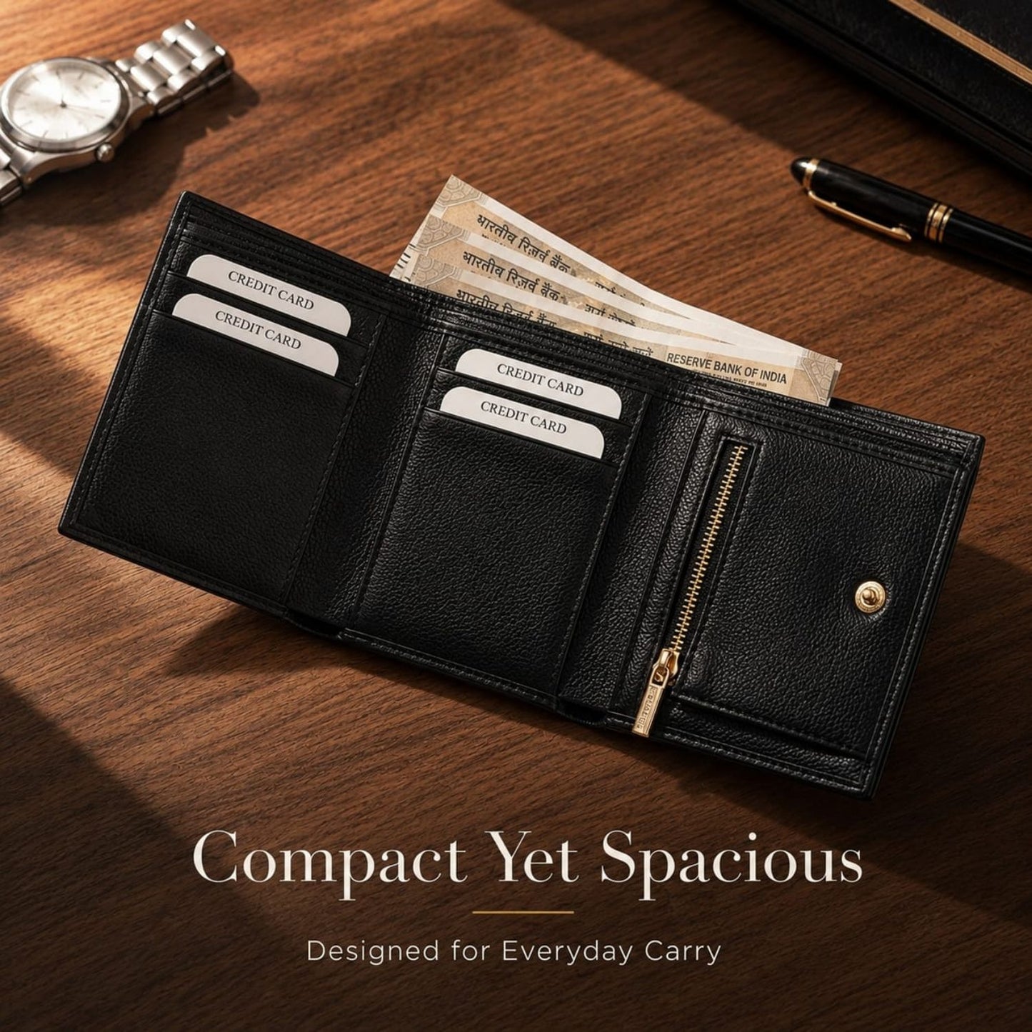 Luxe TriFold Vegan Leather Wallet for Men (Black)