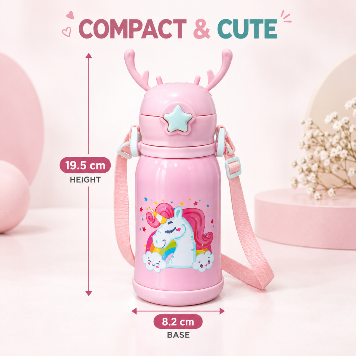 Kids Unicorn Stainless Steel Sipper Water Bottle, 750 ml, Pink