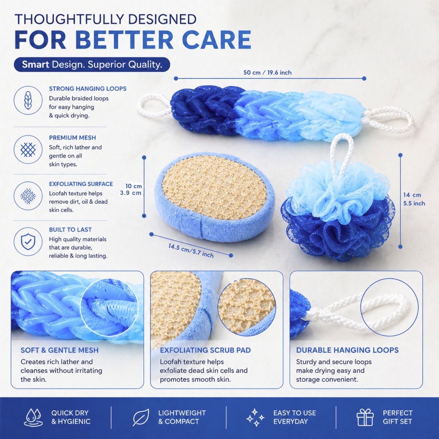 Bath Sponge Scrubber, Exfoliator & Loofah Set (Blue)