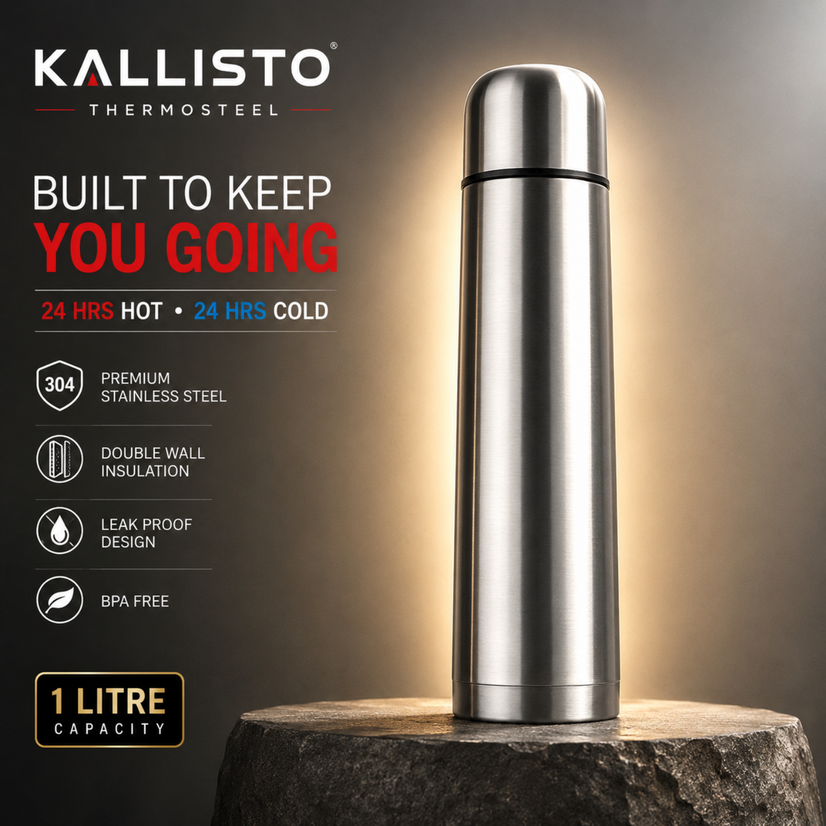 1 Litre Premium Thermosteel Vacuum Flask.