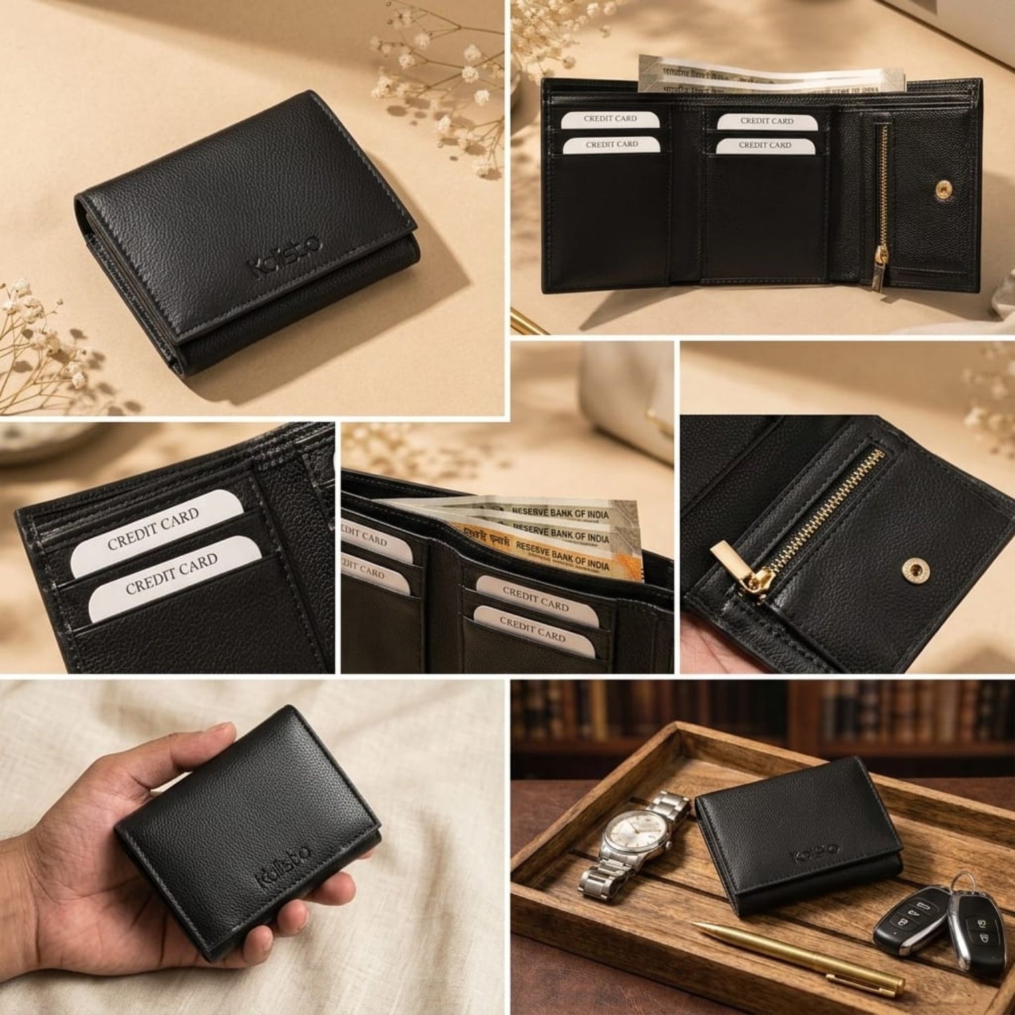 Luxe TriFold Vegan Leather Wallet for Men (Black)