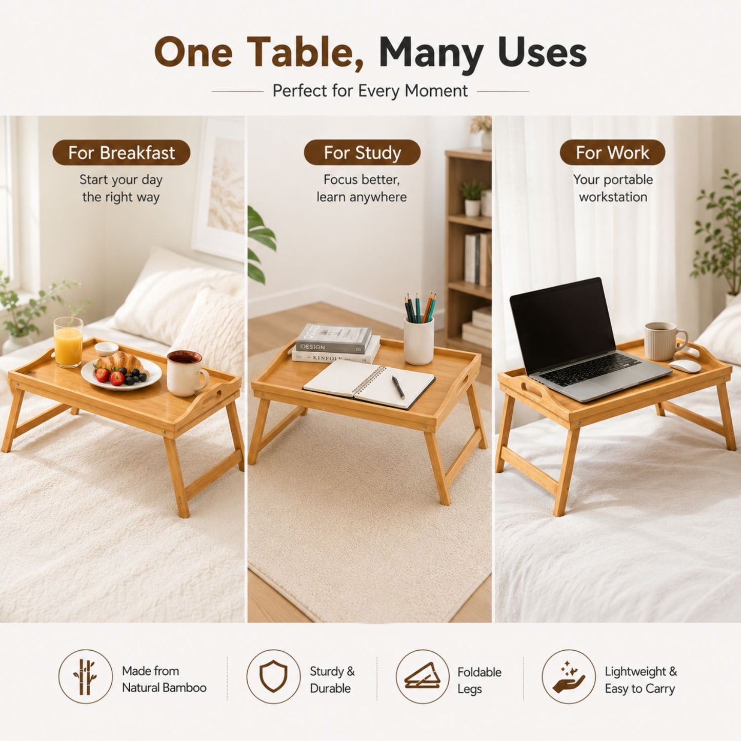 2 in 1 Bamboo Serving Tray Table