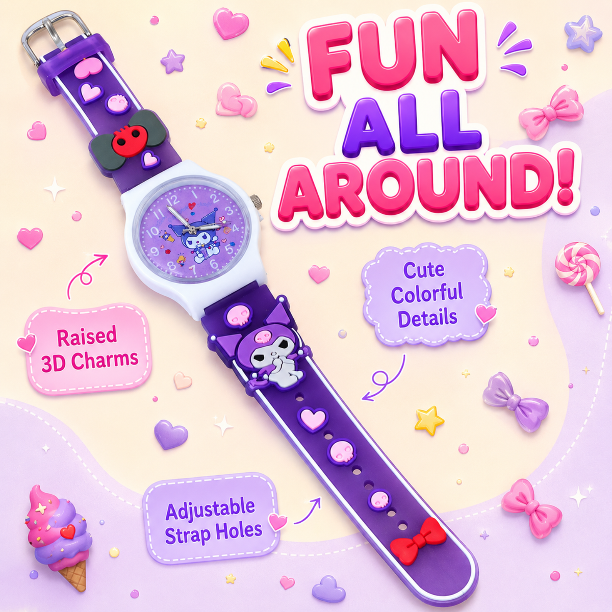 Cute Kids Analog Wrist Watch for Girls | 3D Cartoon Silicone Strap | Adjustable Comfortable Band | Fun Theme | Easy-to-Read Learning Dial | Lightweight Everyday Watch