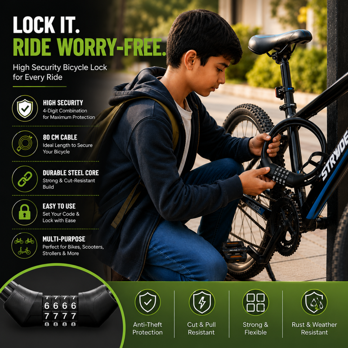 Bicycle Lock 80 CM, 4-Digit Combination Cable Lock for Cycle, Bike, Scooter & Stroller, Steel Cable with PVC Protective Coating, Resettable Anti-Theft Lock, Black
