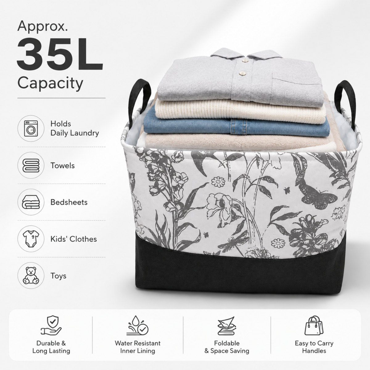 35L Foldable Laundry Basket with Handles – Floral Print, Water-Resistant Inner Lining