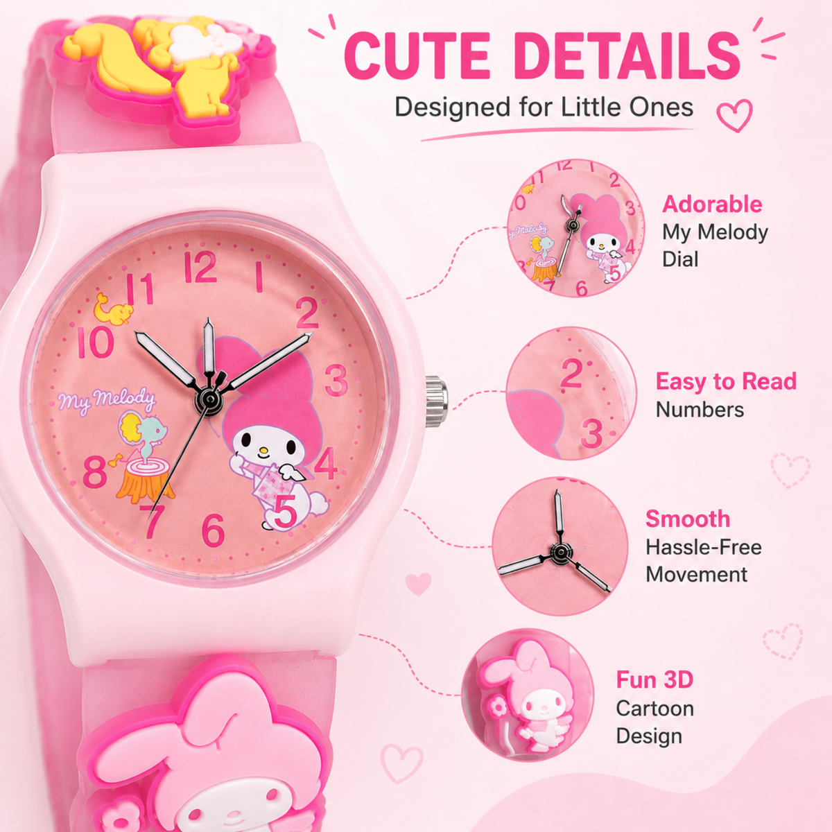 Cute Kids Analog Wrist Watch for Girls  | 3D Cartoon Silicone Strap | Adjustable Comfortable Band | Fun Theme | Easy-to-Read Learning Dial | Lightweight Everyday Wristwatch