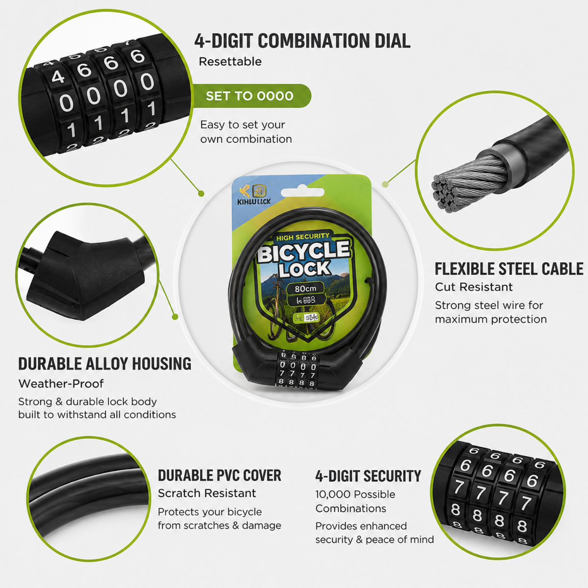 Bicycle Lock 80 CM, 4-Digit Combination Cable Lock for Cycle, Bike, Scooter & Stroller, Steel Cable with PVC Protective Coating, Resettable Anti-Theft Lock, Black