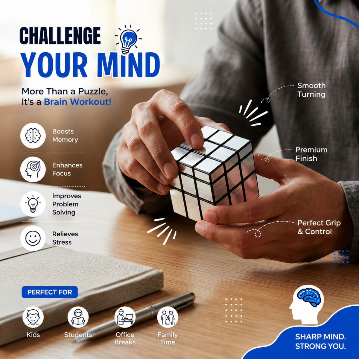 Mirror Cube Puzzle Silver 3x3 | Shape Shifting Magic Cube with Smooth Turning | Brain Teaser Puzzle Toy for Kids, Teens & Adults | Logic, Spatial Reasoning & Problem Solving Game