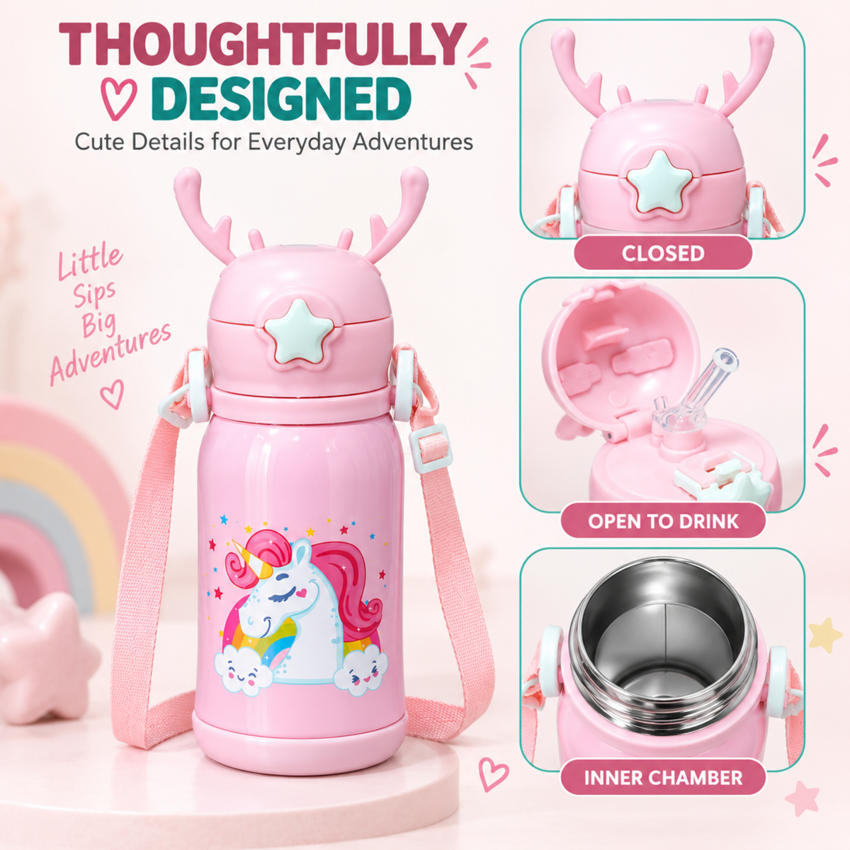 Kids Unicorn Stainless Steel Sipper Water Bottle, 750 ml, Pink