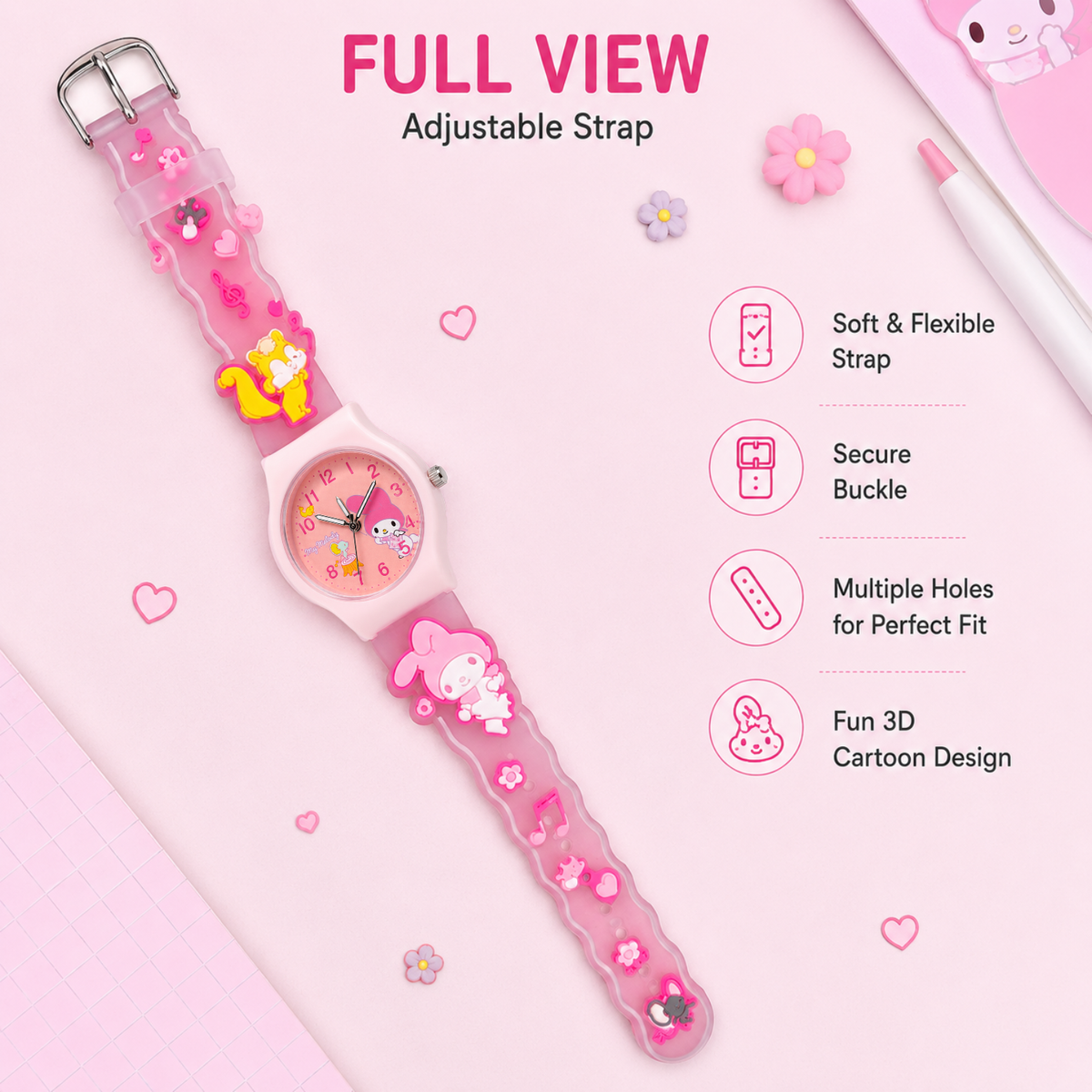 Cute Kids Analog Wrist Watch for Girls  | 3D Cartoon Silicone Strap | Adjustable Comfortable Band | Fun Theme | Easy-to-Read Learning Dial | Lightweight Everyday Wristwatch
