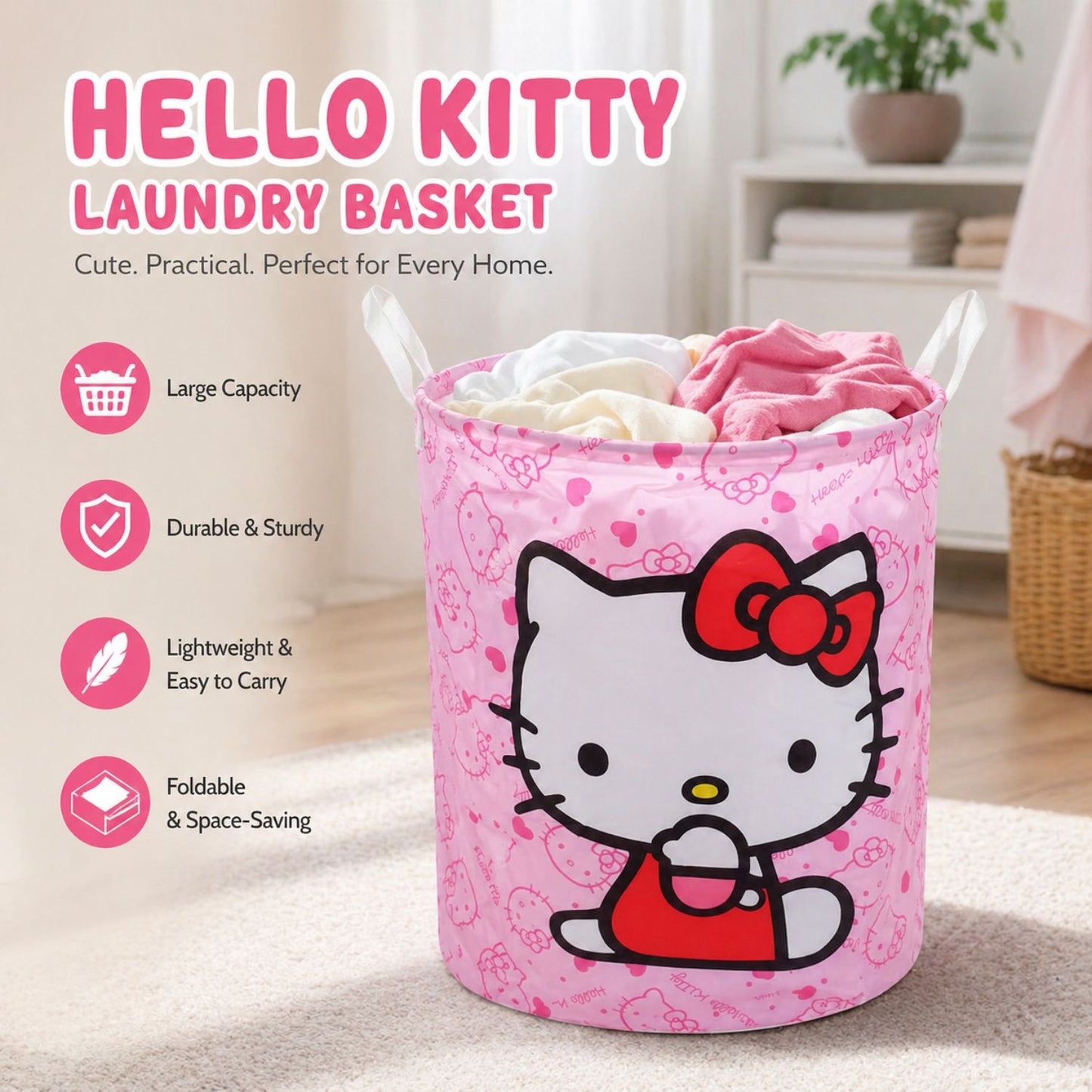 Foldable Hello Kitty Laundry Basket (Pink)