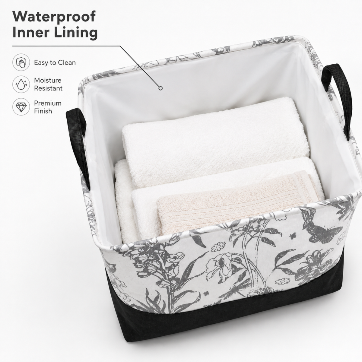 35L Foldable Laundry Basket with Handles – Floral Print, Water-Resistant Inner Lining