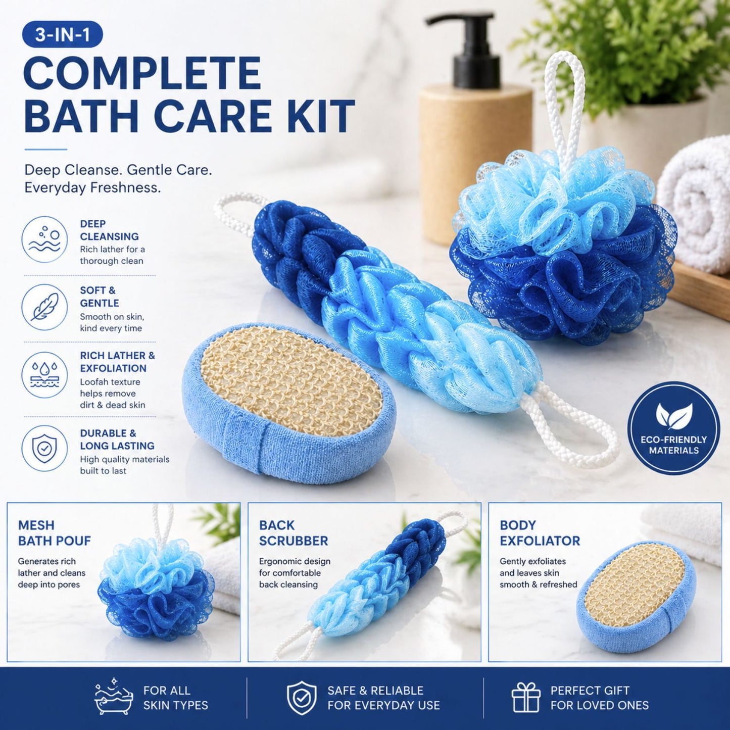 Bath Sponge Scrubber, Exfoliator & Loofah Set (Blue)