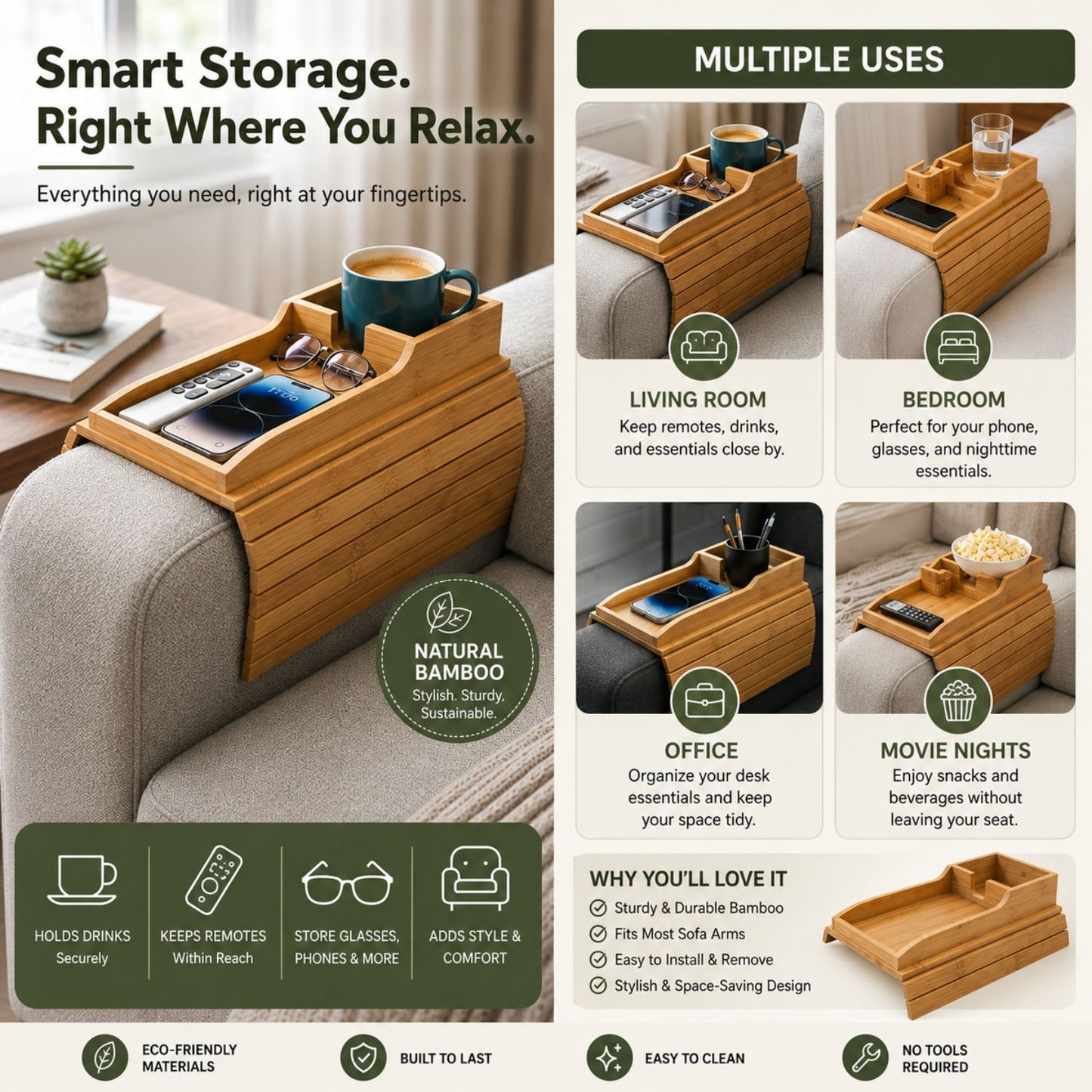 Bamboo Sofa Armrest Tray
