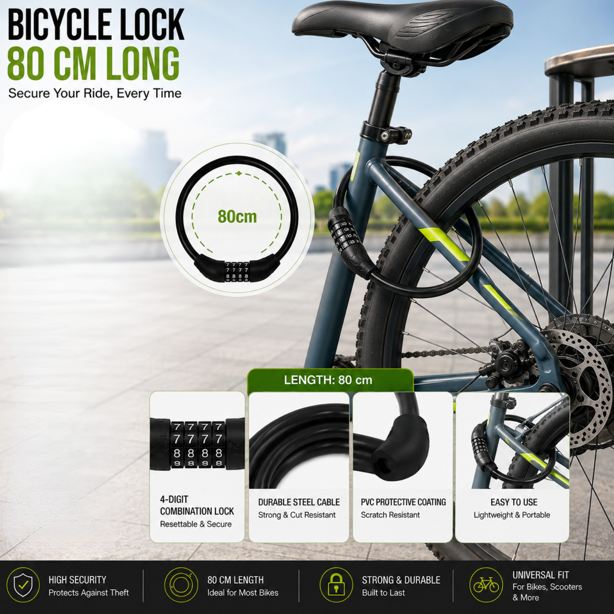 Bicycle Lock 80 CM, 4-Digit Combination Cable Lock for Cycle, Bike, Scooter & Stroller, Steel Cable with PVC Protective Coating, Resettable Anti-Theft Lock, Black