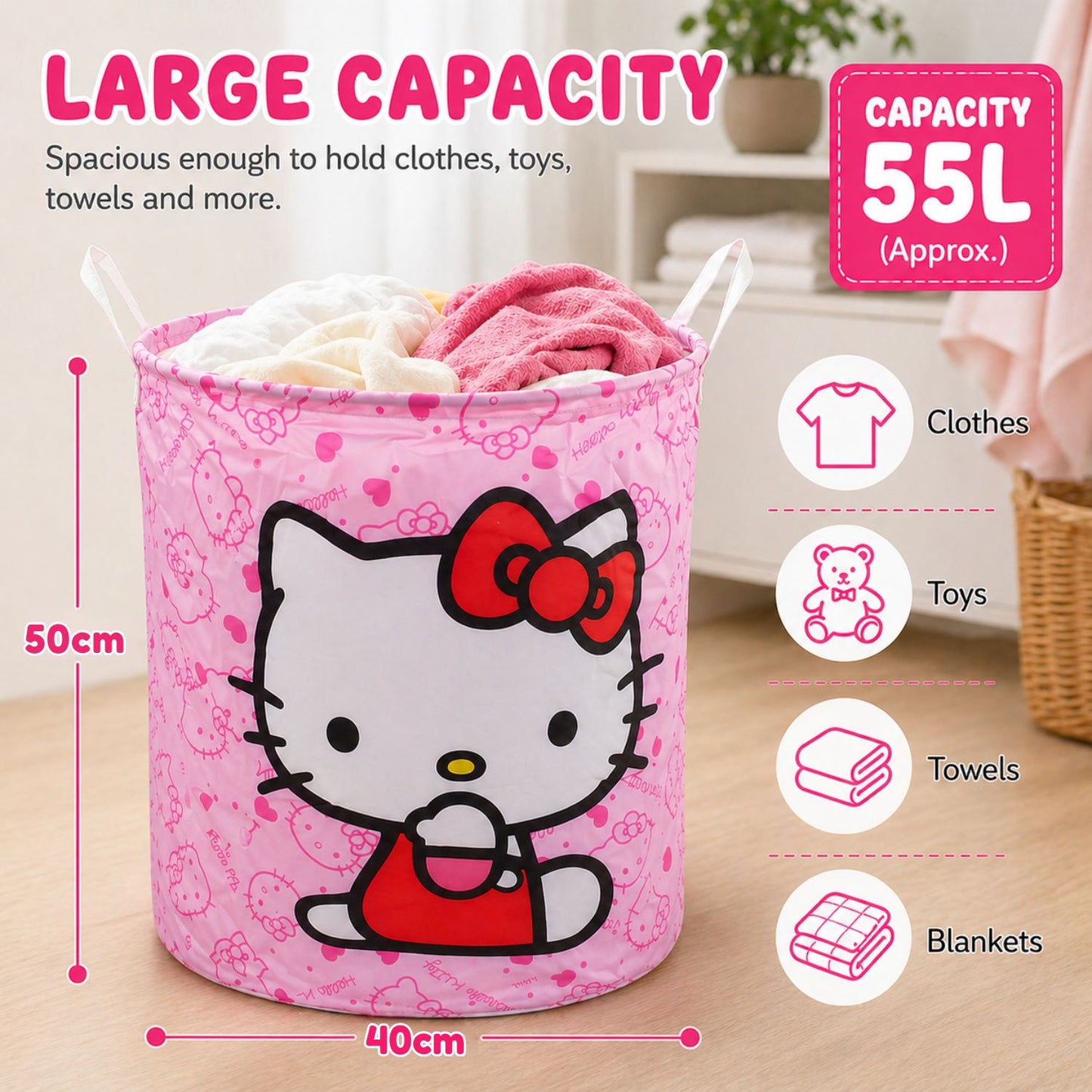 Foldable Hello Kitty Laundry Basket (Pink)
