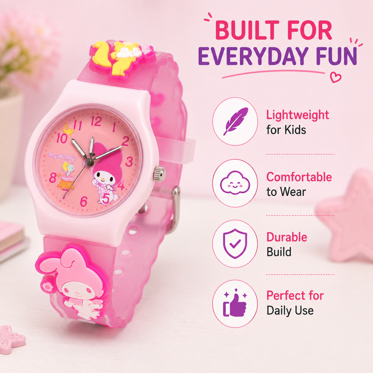 Cute Kids Analog Wrist Watch for Girls  | 3D Cartoon Silicone Strap | Adjustable Comfortable Band | Fun Theme | Easy-to-Read Learning Dial | Lightweight Everyday Wristwatch