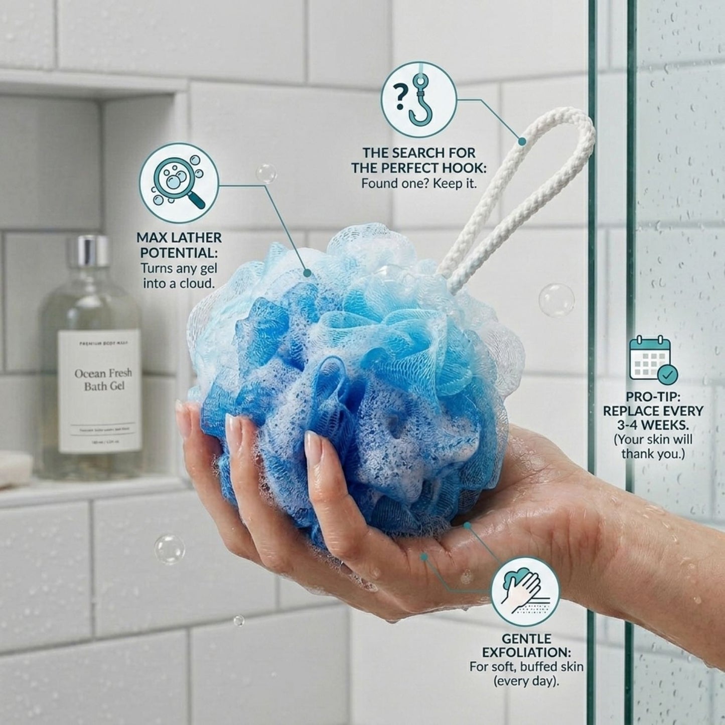 Bath Sponge Scrubber, Exfoliator & Loofah Set (Blue)
