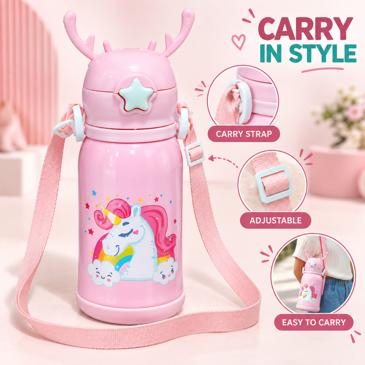 Kids Unicorn Stainless Steel Sipper Water Bottle, 750 ml, Pink
