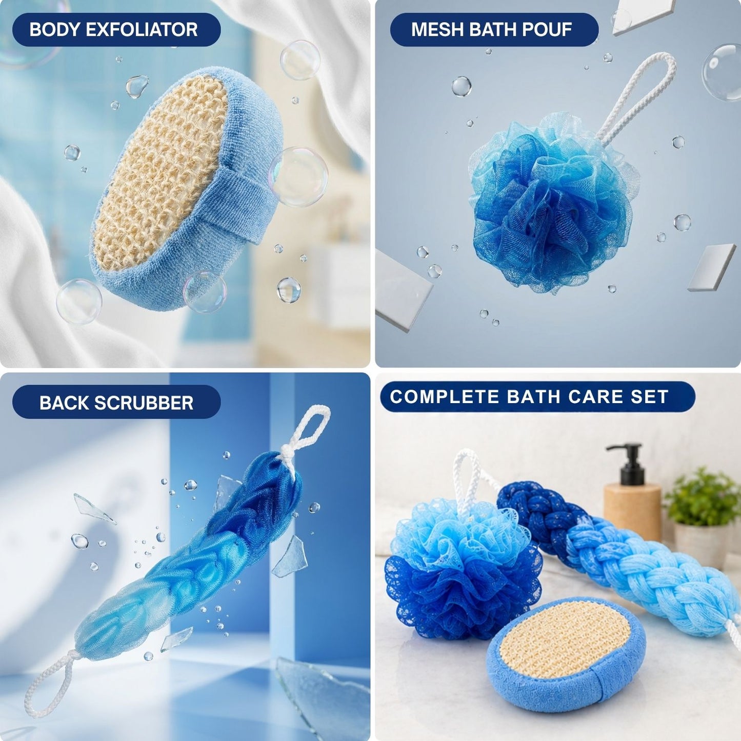 Bath Sponge Scrubber, Exfoliator & Loofah Set (Blue)