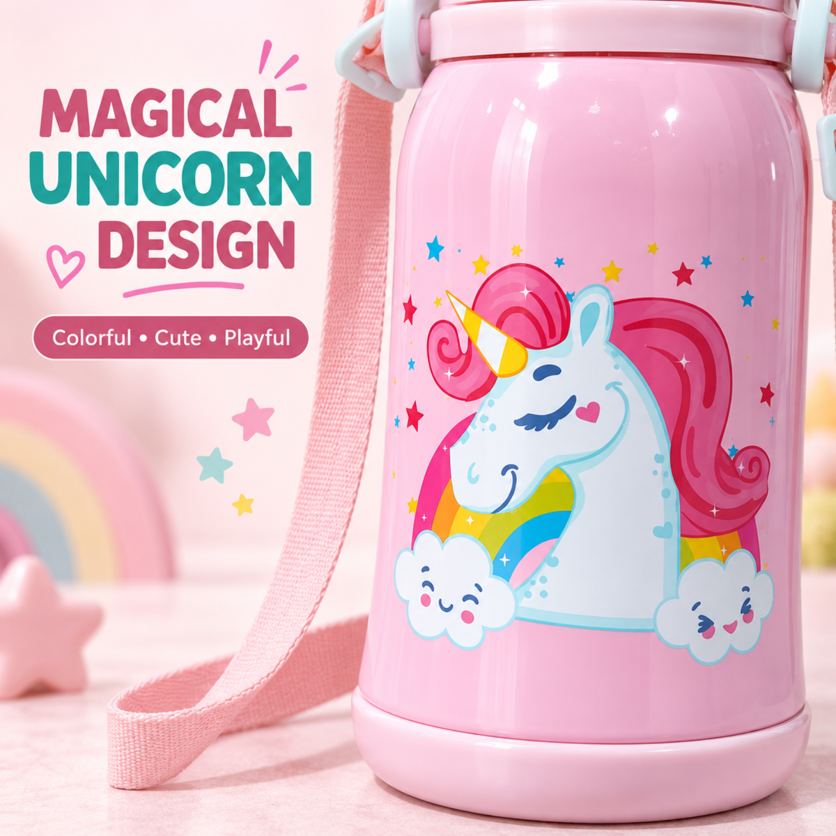 Kids Unicorn Stainless Steel Sipper Water Bottle, 750 ml, Pink
