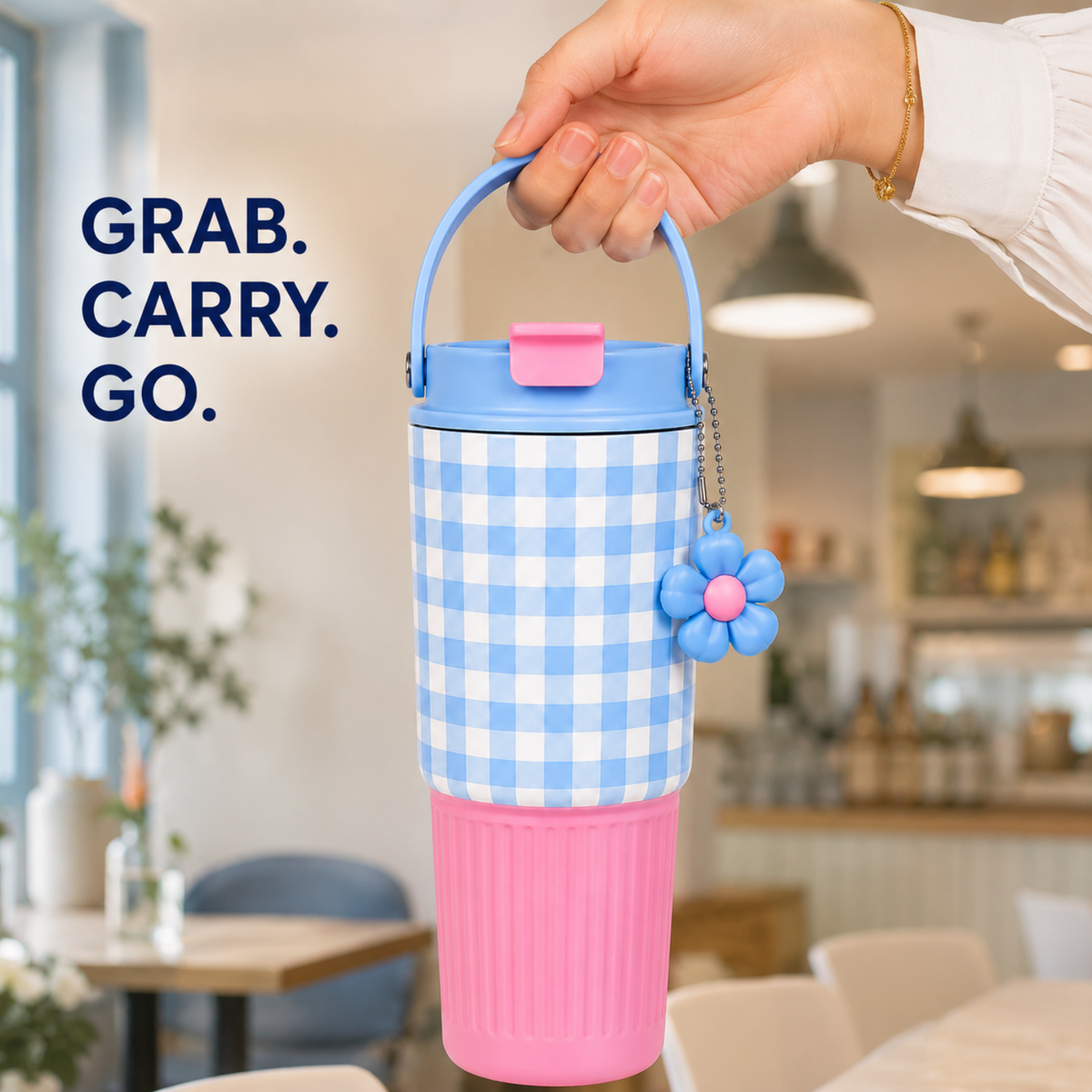 750 ml Cute Stainless Steel Tumbler with Flip Top Lid (Blue Pink)