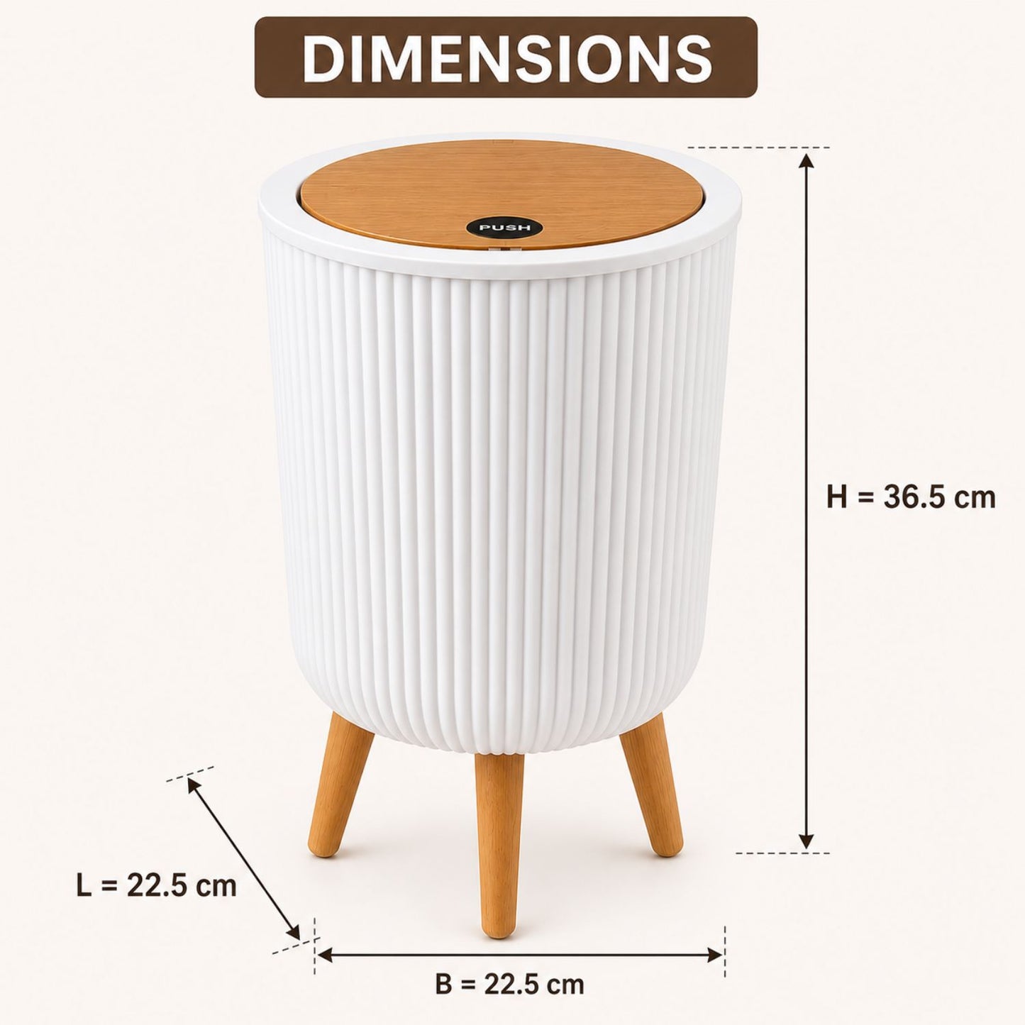 Ribbed Dustbin with Push Lid - White