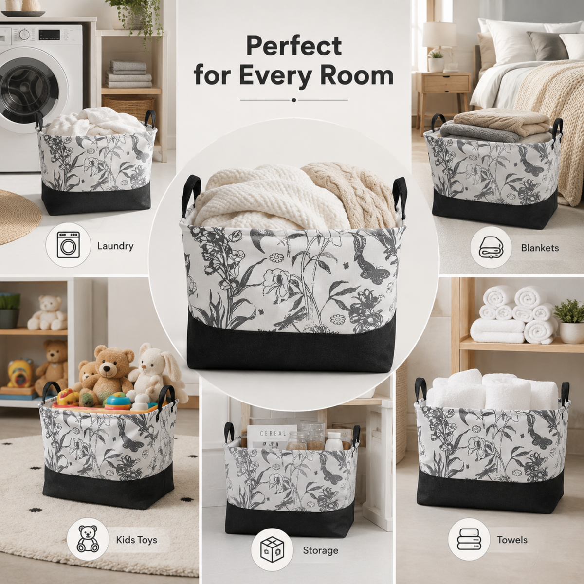 35L Foldable Laundry Basket with Handles – Floral Print, Water-Resistant Inner Lining