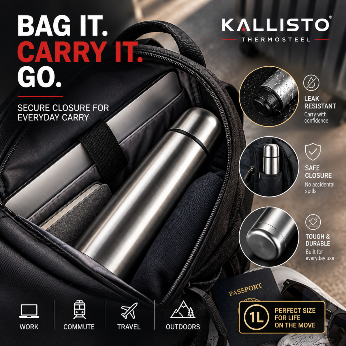 1 Litre Premium Thermosteel Vacuum Flask.