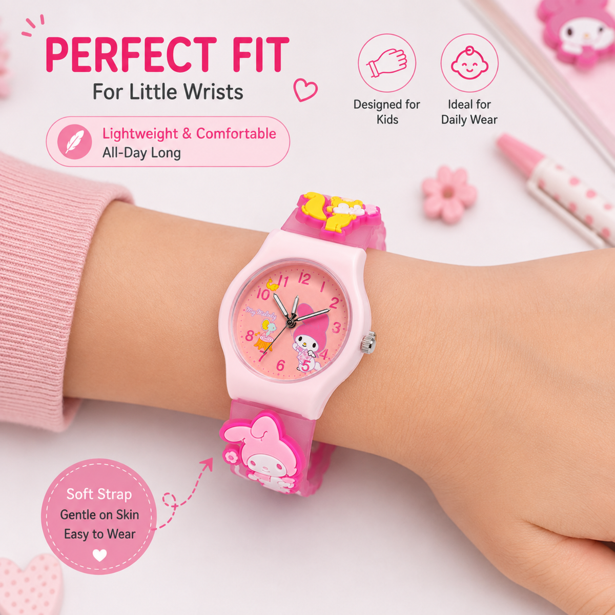 Cute Kids Analog Wrist Watch for Girls  | 3D Cartoon Silicone Strap | Adjustable Comfortable Band | Fun Theme | Easy-to-Read Learning Dial | Lightweight Everyday Wristwatch