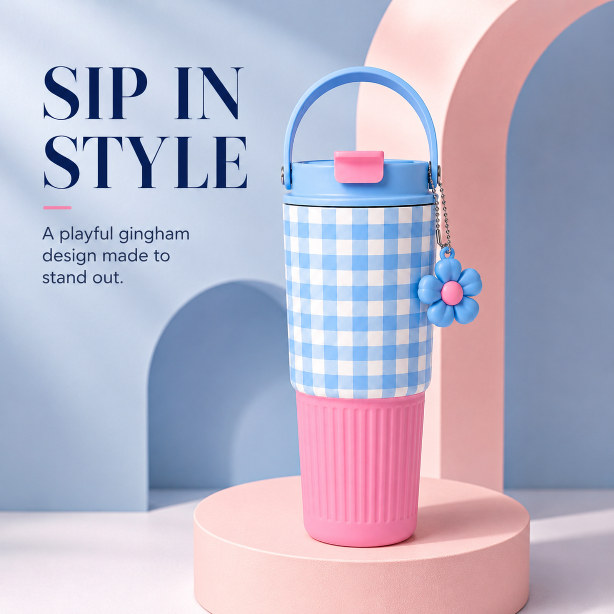 750 ml Cute Stainless Steel Tumbler with Flip Top Lid (Blue Pink)