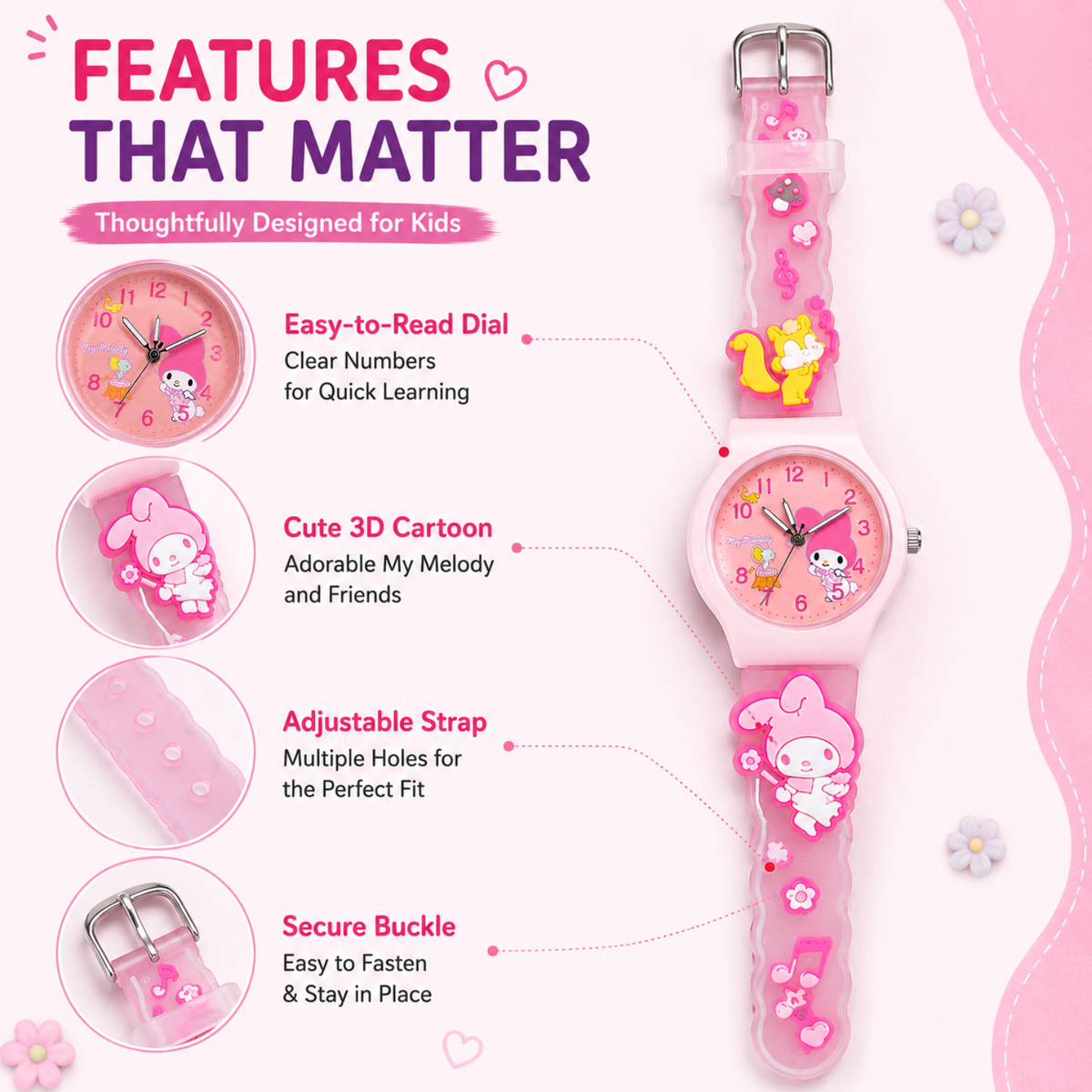 Cute Kids Analog Wrist Watch for Girls  | 3D Cartoon Silicone Strap | Adjustable Comfortable Band | Fun Theme | Easy-to-Read Learning Dial | Lightweight Everyday Wristwatch