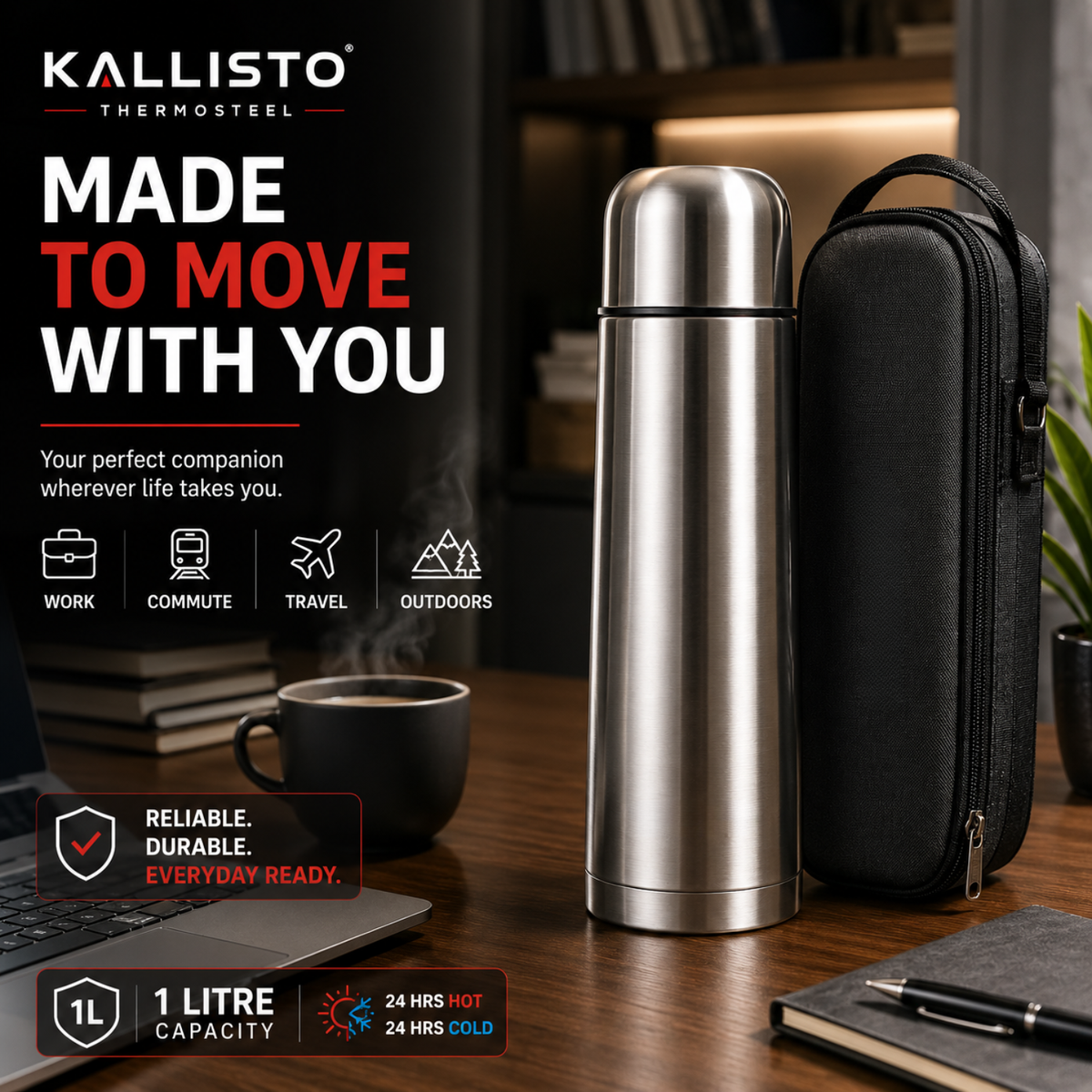 1 Litre Premium Thermosteel Vacuum Flask.
