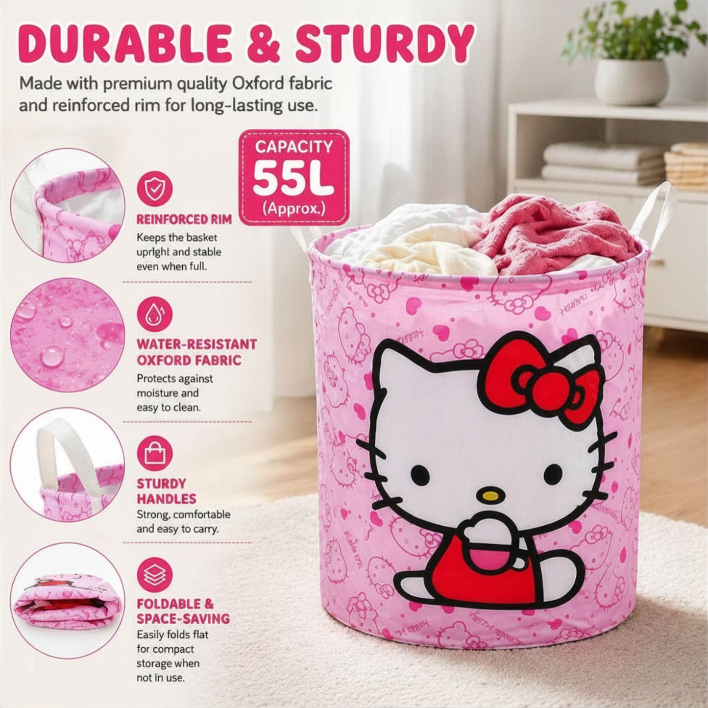 Foldable Hello Kitty Laundry Basket (Pink)
