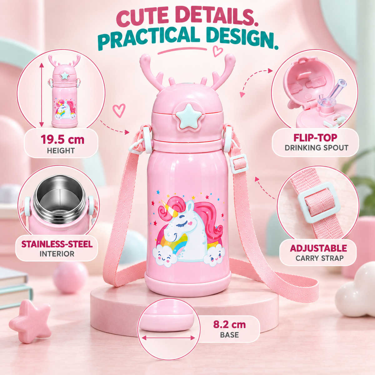 Kids Unicorn Stainless Steel Sipper Water Bottle, 750 ml, Pink
