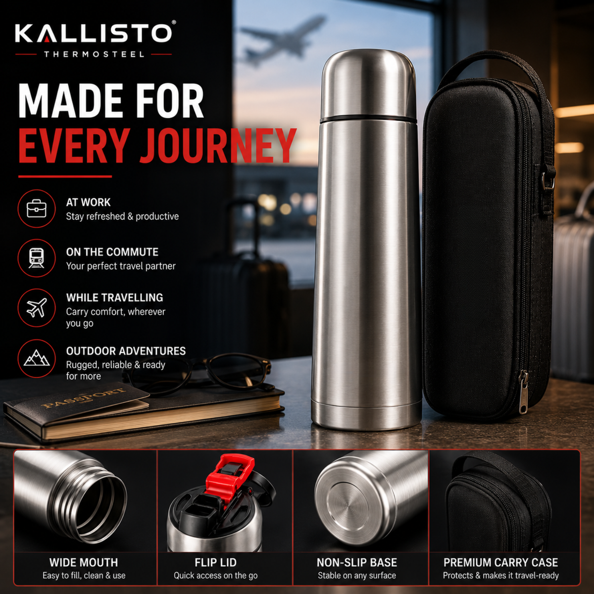 1 Litre Premium Thermosteel Vacuum Flask.