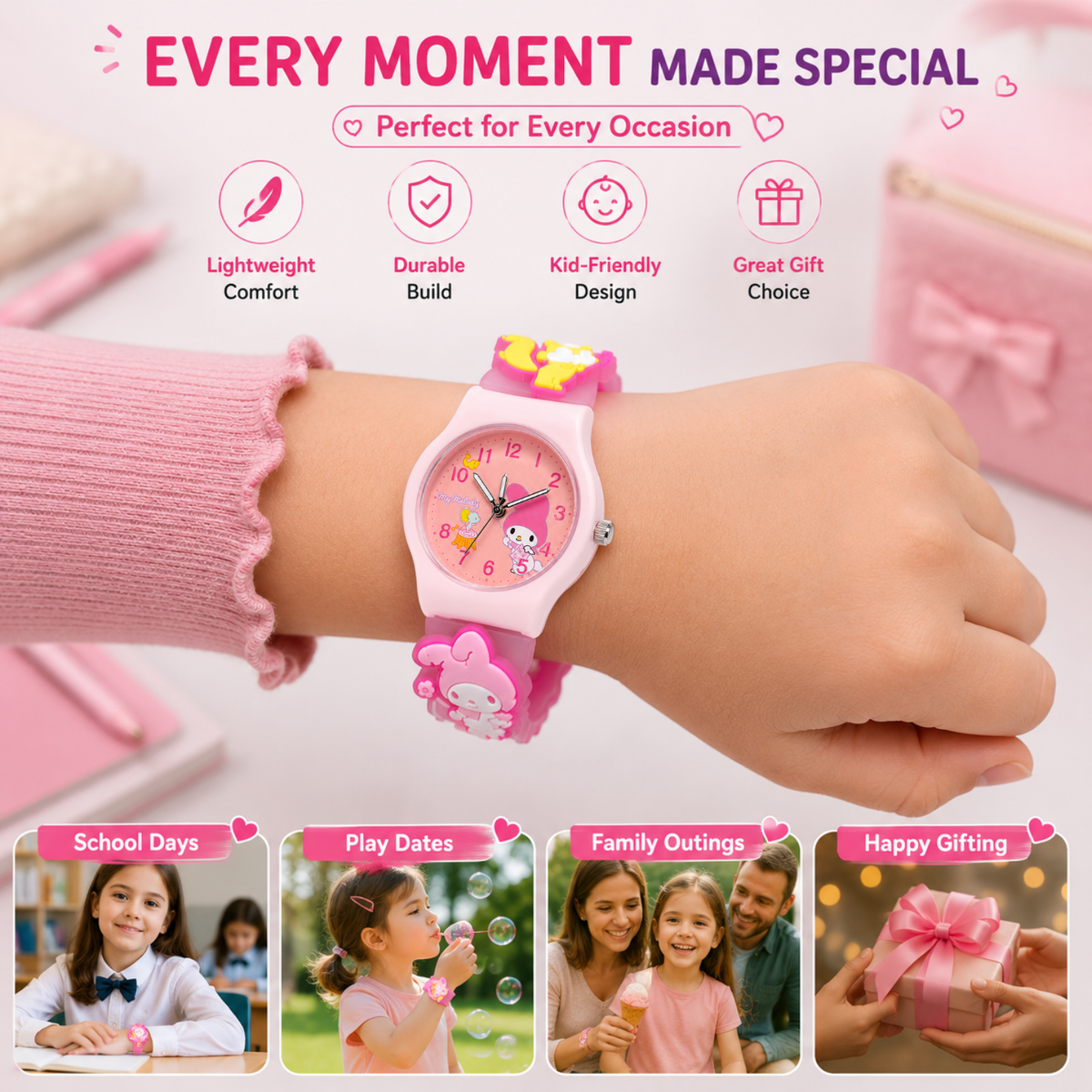 Cute Kids Analog Wrist Watch for Girls  | 3D Cartoon Silicone Strap | Adjustable Comfortable Band | Fun Theme | Easy-to-Read Learning Dial | Lightweight Everyday Wristwatch