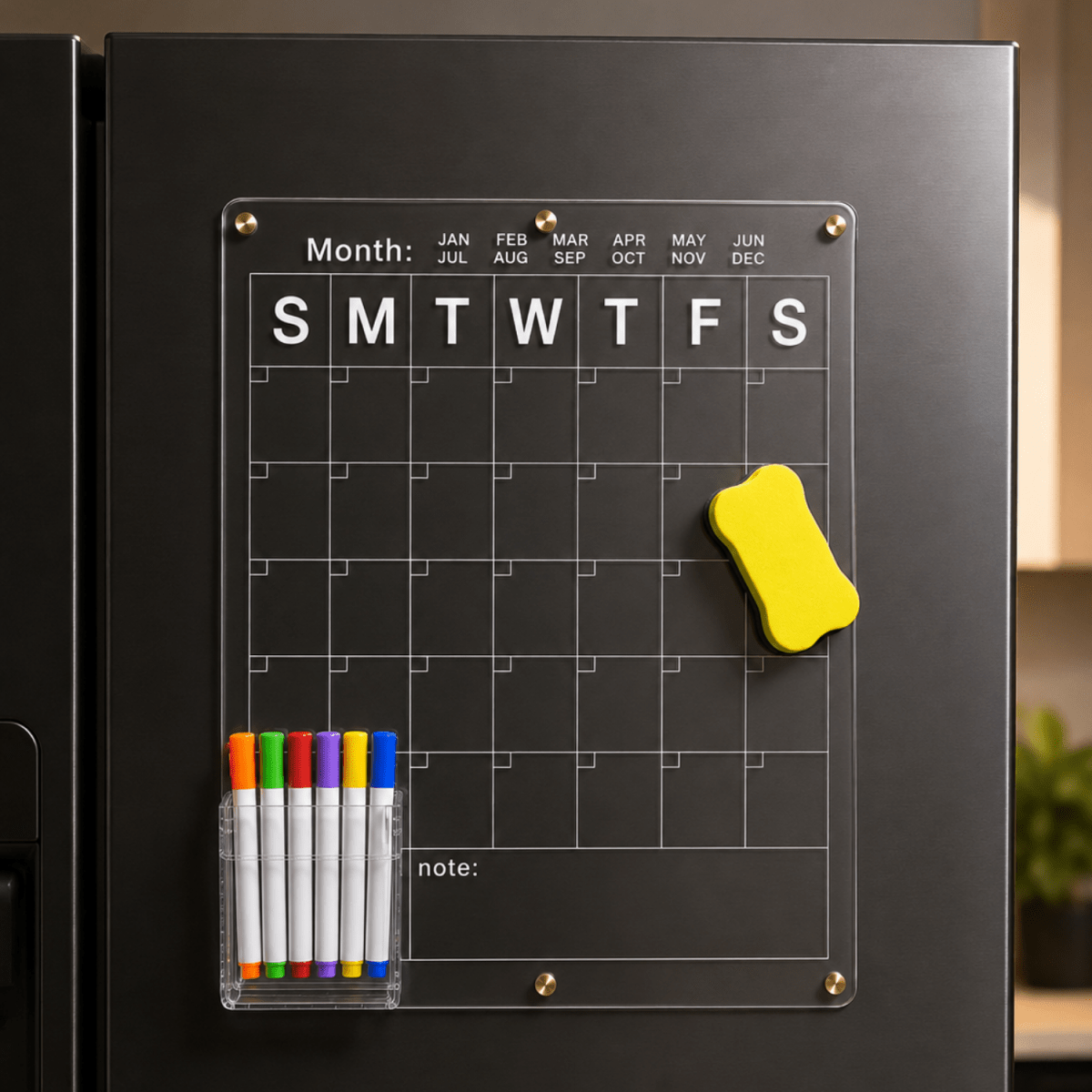 Acrylic Monthly Calendar Planner Board 40 x 30 cm for Fridge & Wall | Reusable Dry Erase Schedule Board with 6 Color Markers, Magnetic Duster, Holder & Nano Tape Magnetic Board- #Royalkart#acrylic board for refrigerator