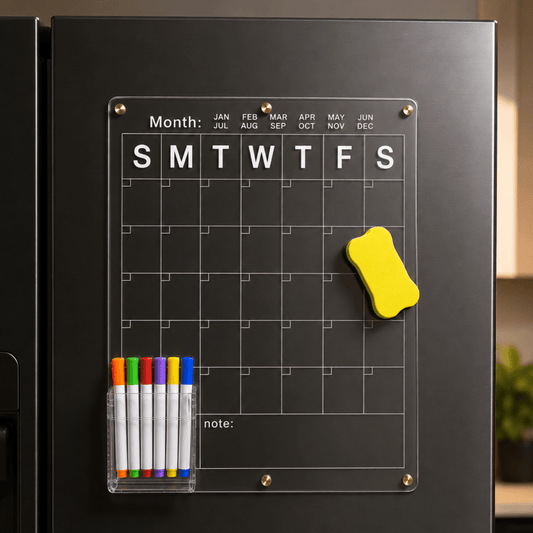 Acrylic Monthly Calendar Planner Board 40 x 30 cm for Fridge & Wall | Reusable Dry Erase Schedule Board with 6 Color Markers, Magnetic Duster, Holder & Nano Tape Magnetic Board- #Royalkart#acrylic board for refrigerator