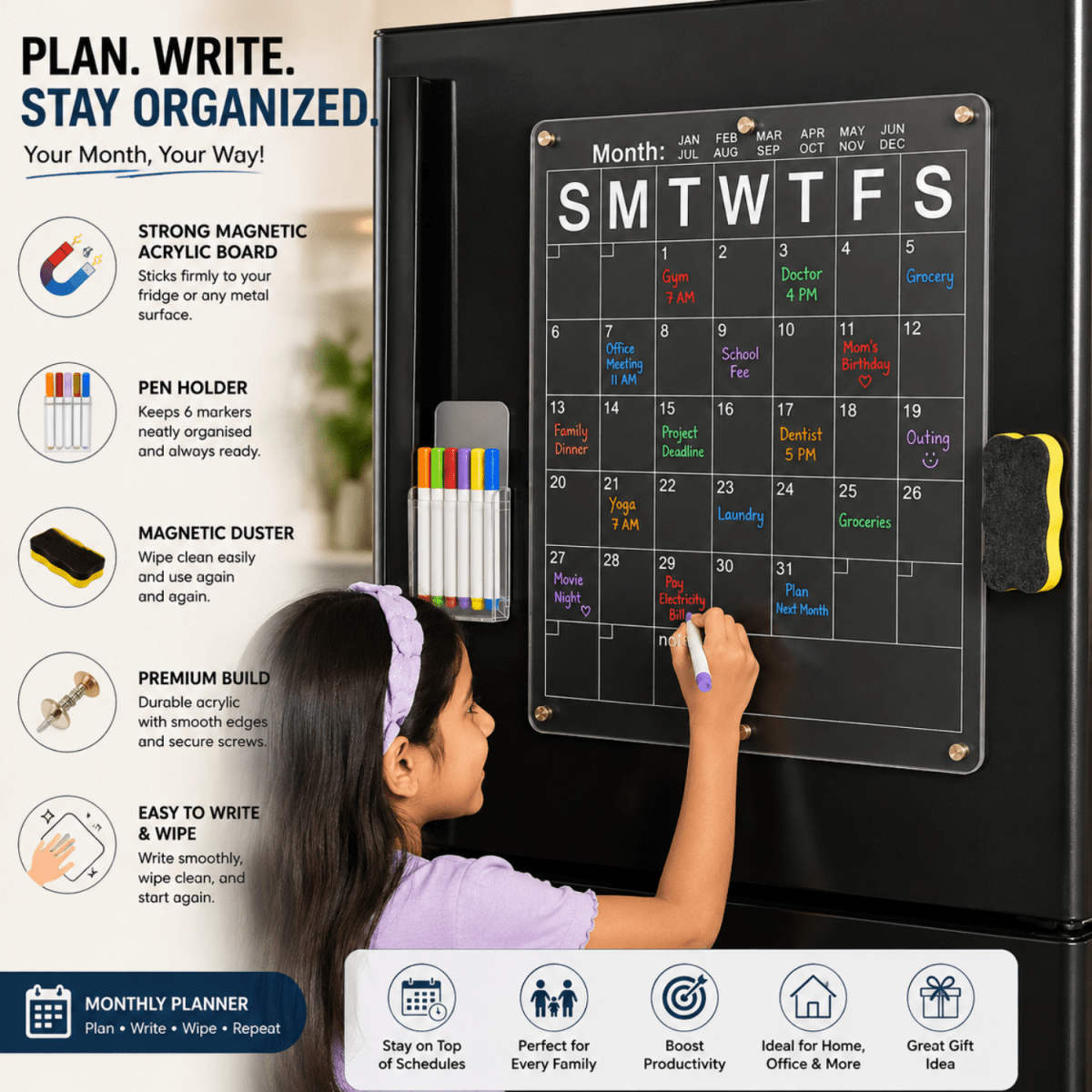 Acrylic Monthly Calendar Planner Board 40 x 30 cm for Fridge & Wall | Reusable Dry Erase Schedule Board with 6 Color Markers, Magnetic Duster, Holder & Nano Tape Magnetic Board- #Royalkart#acrylic board for refrigerator