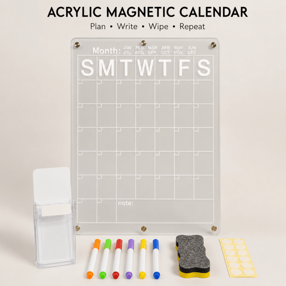Acrylic Monthly Calendar Planner Board 40 x 30 cm for Fridge & Wall | Reusable Dry Erase Schedule Board with 6 Color Markers, Magnetic Duster, Holder & Nano Tape Magnetic Board- #Royalkart#acrylic board for refrigerator