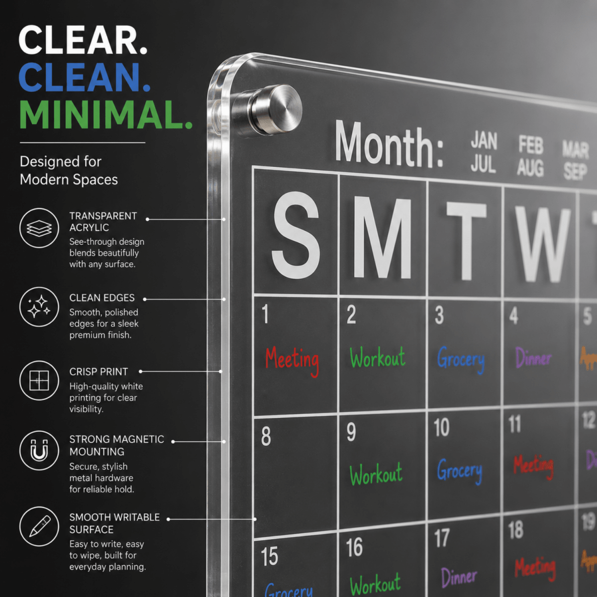 Acrylic Monthly Calendar Planner Board 40 x 30 cm for Fridge & Wall | Reusable Dry Erase Schedule Board with 6 Color Markers, Magnetic Duster, Holder & Nano Tape Magnetic Board- #Royalkart#acrylic board for refrigerator