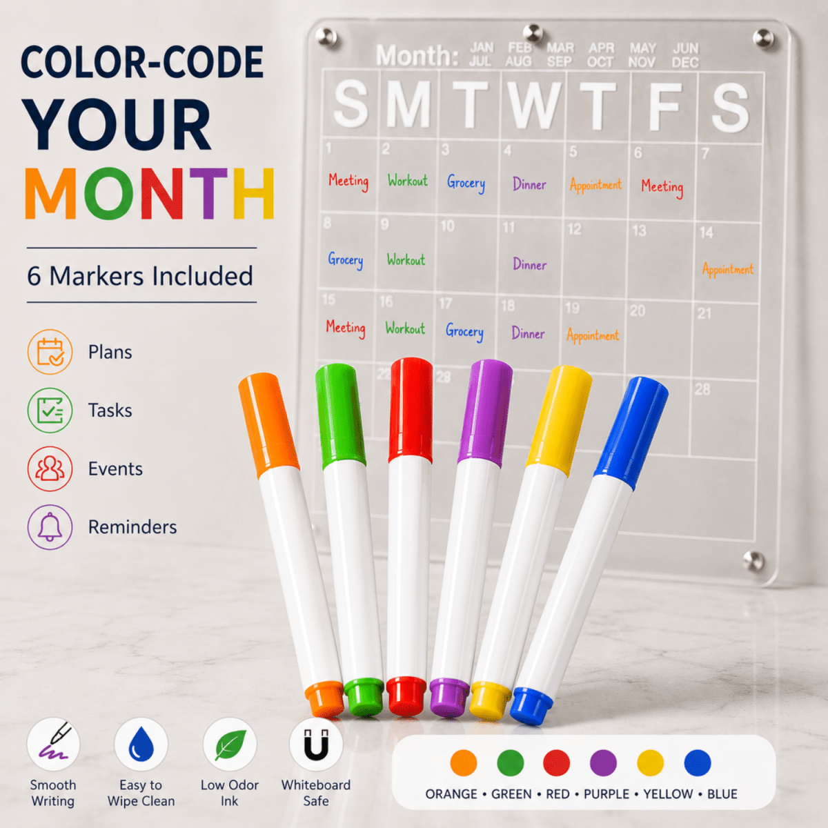 Acrylic Monthly Calendar Planner Board 40 x 30 cm for Fridge & Wall | Reusable Dry Erase Schedule Board with 6 Color Markers, Magnetic Duster, Holder & Nano Tape Magnetic Board- #Royalkart#acrylic board for refrigerator