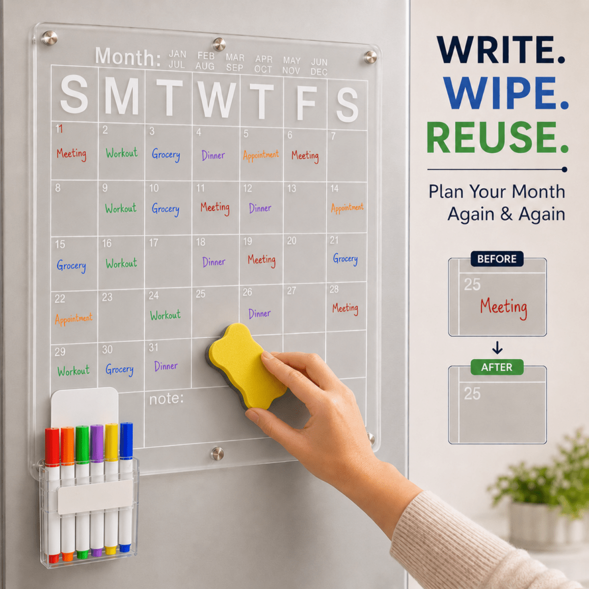 Acrylic Monthly Calendar Planner Board 40 x 30 cm for Fridge & Wall | Reusable Dry Erase Schedule Board with 6 Color Markers, Magnetic Duster, Holder & Nano Tape Magnetic Board- #Royalkart#acrylic board for refrigerator